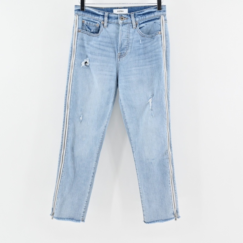 PISTOLA Womens Charlie Side Zip Jeans Size 27 Distressed High Rise Blue Denim